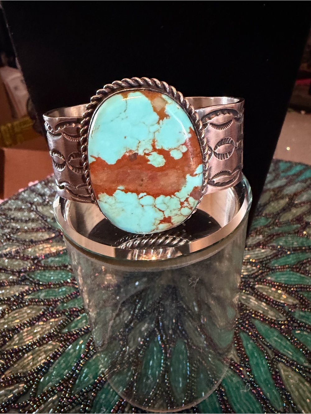 Large Oval Turquoise Stone in Sterling Cuff Gorgeous